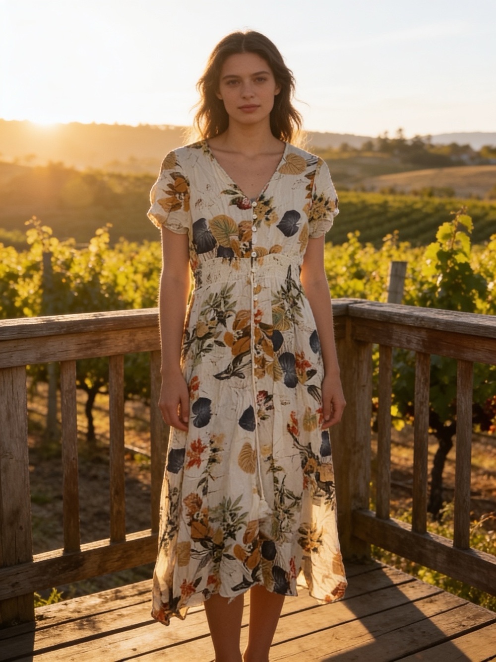 Smocked V-Neck Floral Midi Dress in Cream and Mustard